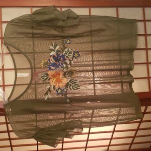 Olive Green Sheer Embroidered Top L NWT